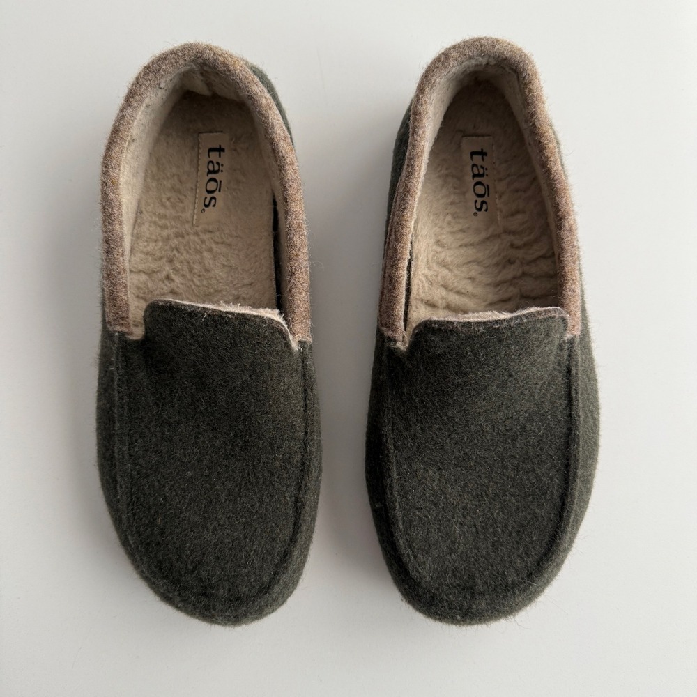 Taos Woolfer Olive Boiled Wool Faux Shearling  Rubber Soled Slippers‎ m 8 w 11